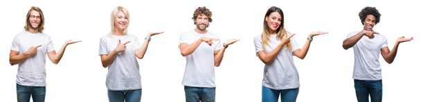 Коллаж группы людей, одетых в повседневную белую футболку на изолированном фоне, поражен и улыбается в камеру, представляя рукой и указывая пальцем
. - Фото, изображение