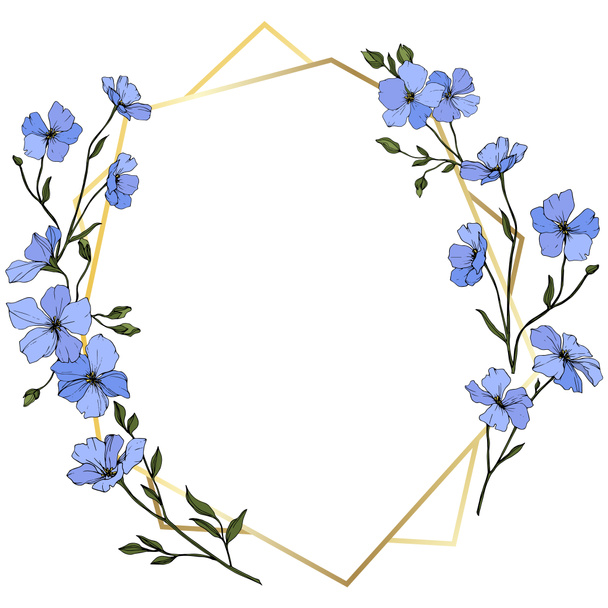 Διάνυσμα. Μπλε λουλούδια λίνου με πράσινα φύλλα και μπουμπούκια. Χαραγμένο μελάνι τέχνης. Κρυστάλλινη κορνίζα Χρυσή. Γεωμετρικό κρυσταλλικό σχήμα Ψηφιδωτά πέτρα πολύεδρο. - Διάνυσμα, εικόνα