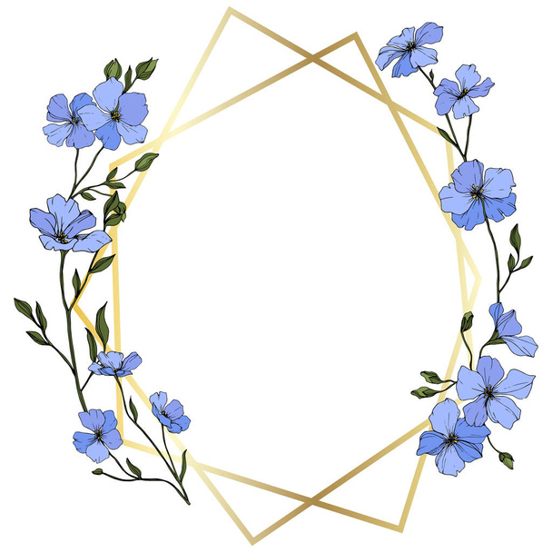 Διάνυσμα. Μπλε λουλούδια λίνου με πράσινα φύλλα και μπουμπούκια. Χαραγμένο μελάνι τέχνης. Κρυστάλλινη κορνίζα Χρυσή. Γεωμετρικό κρυσταλλικό σχήμα Ψηφιδωτά πέτρα πολύεδρο. - Διάνυσμα, εικόνα