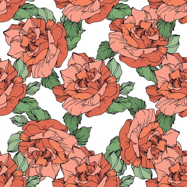 Red roses. Engraved ink art. Seamless background pattern. Fabric wallpaper print texture on white background. - Vektör, Görsel