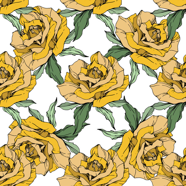 Yellow roses. Engraved ink art. Seamless background pattern. Fabric wallpaper print texture on white background. - Vecteur, image