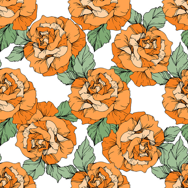 Orange roses. Engraved ink art. Seamless background pattern. Fabric wallpaper print texture on white background. - Vector, Image
