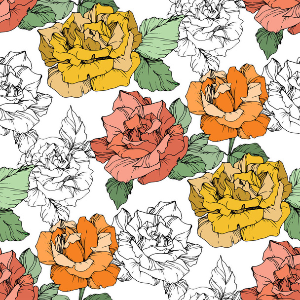 Orange, yellow and coral roses. Engraved ink art. Seamless background pattern. Fabric wallpaper print texture on white background. - Вектор, зображення
