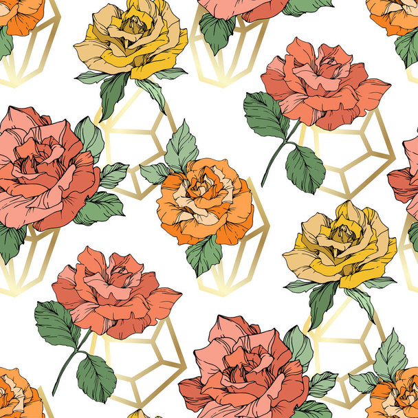Orange, yellow and coral roses. Engraved ink art. Seamless background pattern. Fabric wallpaper print texture on white background. - Vektor, kép