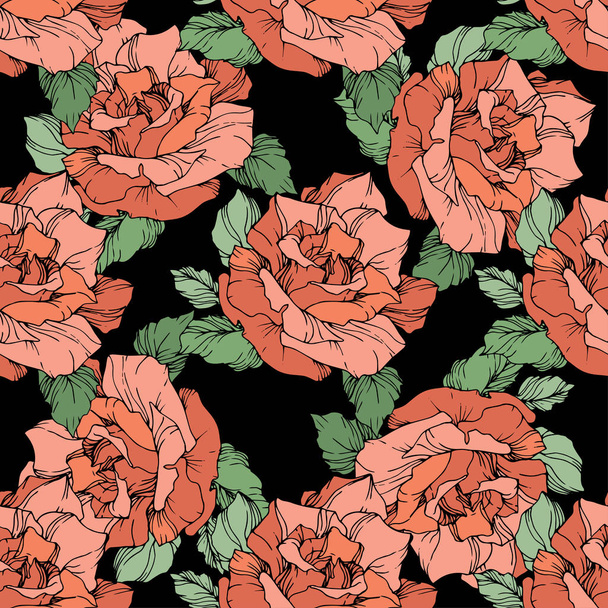 Red roses. Engraved ink art. Seamless background pattern. Fabric wallpaper print texture on black background. - Vector, Image