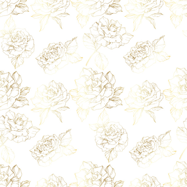 Vector Roses. Golden engraved ink art. Seamless background pattern. Fabric wallpaper print texture on white background. - Vector, Image
