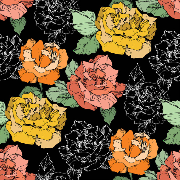 Orange, yellow and coral roses. Engraved ink art. Seamless background pattern. Fabric wallpaper print texture on black background. - Vektör, Görsel