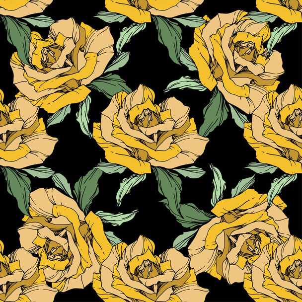 Yellow roses. Engraved ink art. Seamless background pattern. Fabric wallpaper print texture on black background. - Vector, Imagen
