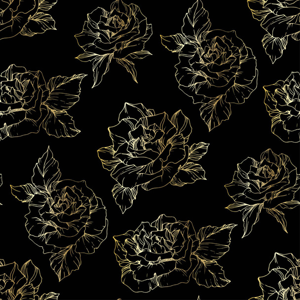 Outline rose flowers. Engraved ink art. Seamless background pattern. Fabric wallpaper print texture on black background. - Vector, Image