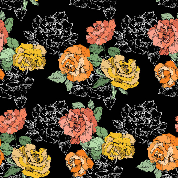 Orange, yellow and coral roses. Engraved ink art. Seamless background pattern. Fabric wallpaper print texture on black background. - Wektor, obraz