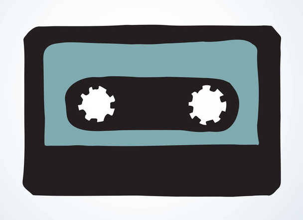 Aged casette design set on white backdrop. Freehand outline black ink hand drawn 90s pop audiocassette object logo pictogram badge sketchy in rock doodle style on paper space for text. Closeup view - Vector, Image