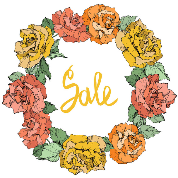 Vector. Rose flowers floral wreath. Coral, yellow and orange roses engraved ink art. Sale handwritten monogram calligraphy. - Vector, Image