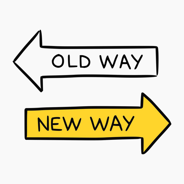 Hand getrokken doodle stijl illustratie van twee verkeersborden vertegenwoordigen de nieuwe weg en de oude aanpak voor het bedrijfsleven - Vector, afbeelding