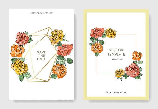 ベクトルはバラの花です。花柄ボーダーの結婚式のカード。ありがとう、rsvp、招待エレガントなカード イラスト グラフィック セット.  - ベクター画像