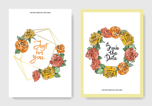 Vector rose flowers. Wedding cards with floral borders. Thank you, rsvp, invitation elegant cards illustration graphic set.  - Vecteur, image