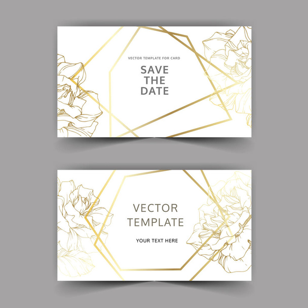 Vector. Golden rose flowers on cards. Wedding cards with golden borders. Thank you, rsvp, invitation elegant cards illustration graphic set. Engraved ink art. - Vector, Image