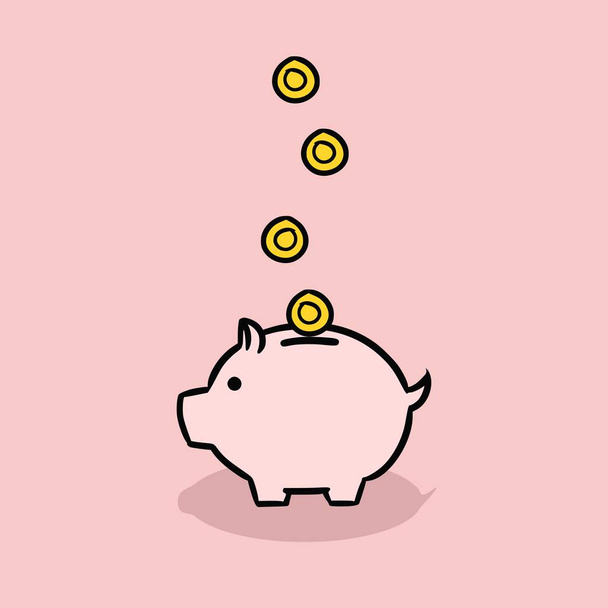 Vector cartoon style illustration of pink piggy bank with falling golden coins - Vector, Image