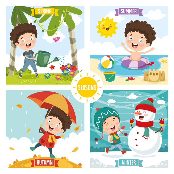 Illustration vectorielle des enfants et des quatre saisons
 - Vecteur, image