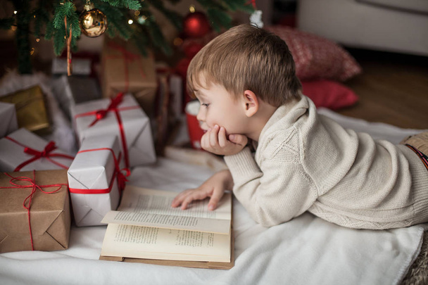 Pieni iloinen söpö poika makaa lähellä joulukuusi, lukee kirjaa ja juo kuumaa kaakaota vaahtokarkkeja. Lapsi. Joulutunnelmaa. Juhlapyhät. Joulu. Uusi vuosi. Kodikas
. - Valokuva, kuva