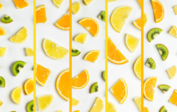 Collage of fruits. Citrus. Background of fresh mixed fruits. Top view - Foto, Imagem