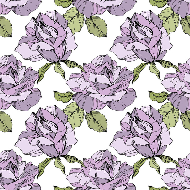 Purple roses. Engraved ink art. Seamless background pattern. Fabric wallpaper print texture on white background. - Διάνυσμα, εικόνα