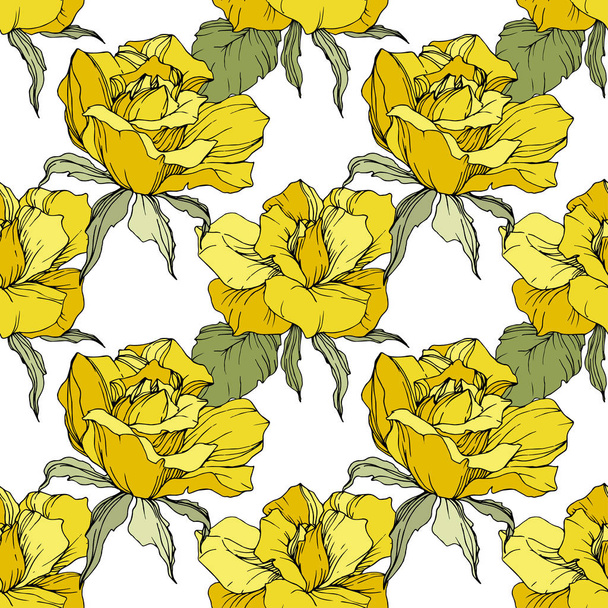 Yellow roses. Engraved ink art. Seamless background pattern. Fabric wallpaper print texture on white background. - Vector, Image