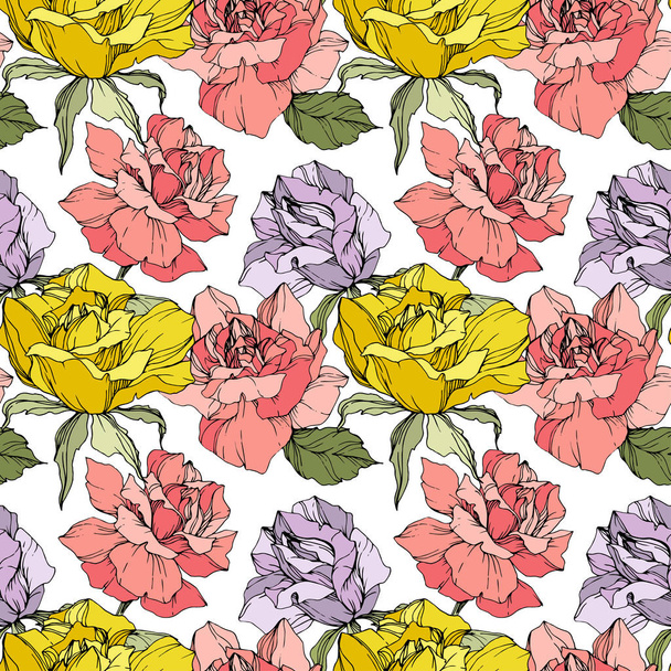 Pink, yellow and purple roses. Engraved ink art. Seamless background pattern. Fabric wallpaper print texture on white background. - Вектор, зображення