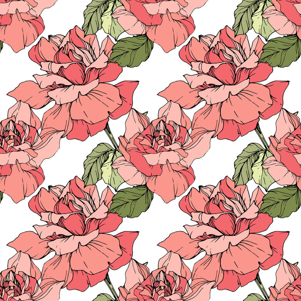 Pink roses. Engraved ink art. Seamless background pattern. Fabric wallpaper print texture on white background. - Vektor, kép