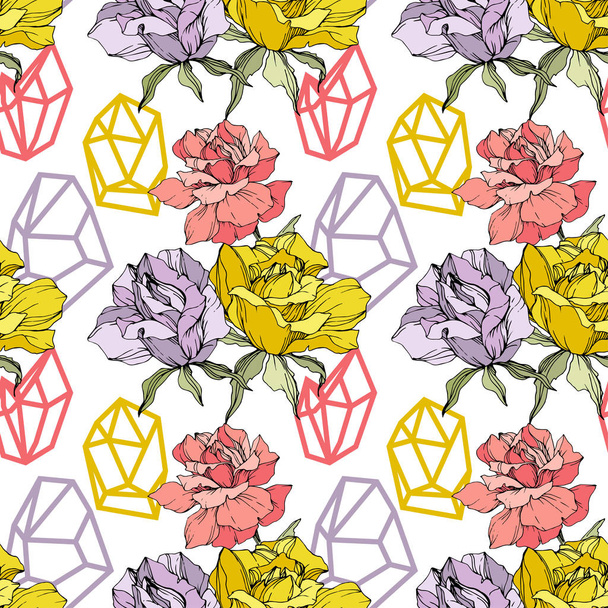 Pink, yellow and purple roses. Engraved ink art. Seamless background pattern. Fabric wallpaper print texture on white background. - Vector, Image