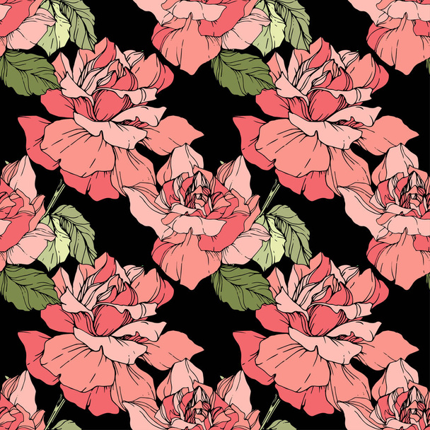 Pink roses. Engraved ink art. Seamless background pattern. Fabric wallpaper print texture on black background. - Vector, Image
