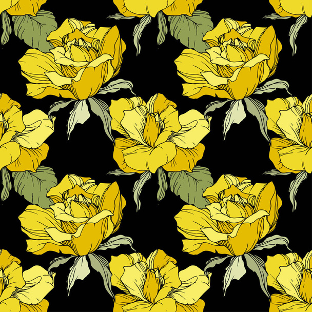 Yellow roses. Engraved ink art. Seamless background pattern. Fabric wallpaper print texture on black background. - Vector, Image