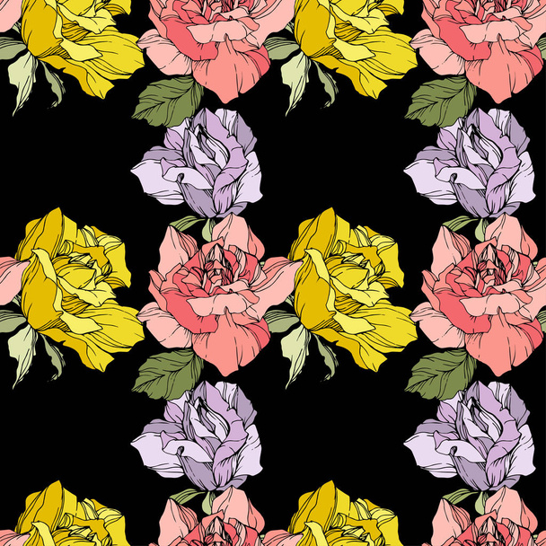 Vaaleanpunaisia, keltaisia ja violetteja ruusuja. Kaiverrettua mustetaidetta. Saumaton taustakuvio. Kangas tapetti tulostaa tekstuuri mustalla taustalla
. - Vektori, kuva