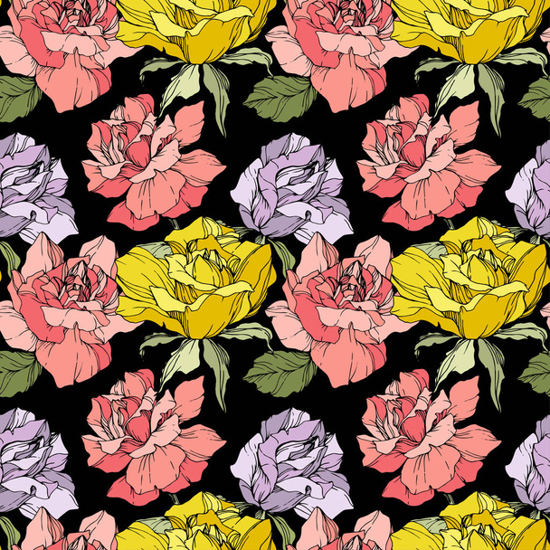 Pink, yellow and purple roses. Engraved ink art. Seamless background pattern. Fabric wallpaper print texture on black background. - Vector, Image
