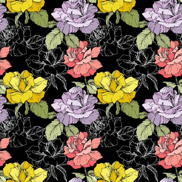 Pink, yellow and purple roses. Engraved ink art. Seamless background pattern. Fabric wallpaper print texture on black background. - Vektor, kép