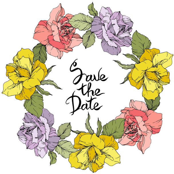 Vector. Rose flowers floral wreath. Yellow, pink and purple roses engraved ink art. Save the Date handwriting monogram calligraphy. - Vector, Image