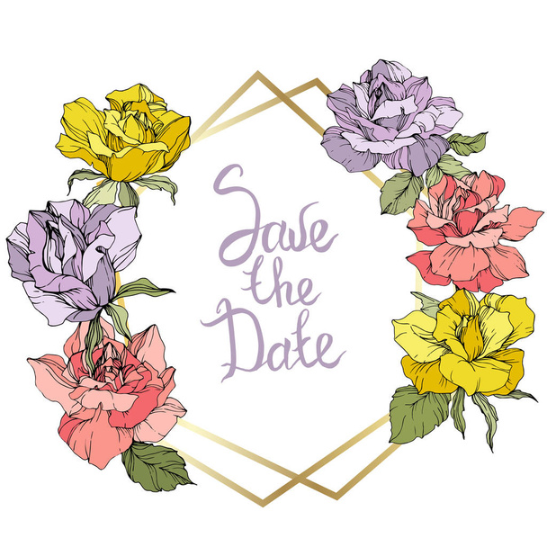 Vector. Rose flowers and golden crystal frame. Yellow, purple and pink roses engraved ink art. Geometric crystal polygon shape on white background. Save the Date handwriting monogram calligraphy. - Vector, Image