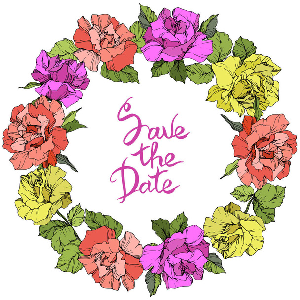 Vector. Roses floral wreath. Purple, yellow and coral rose flowers engraved ink art. Save the Date handwriting monogram calligraphy. - Vector, Image