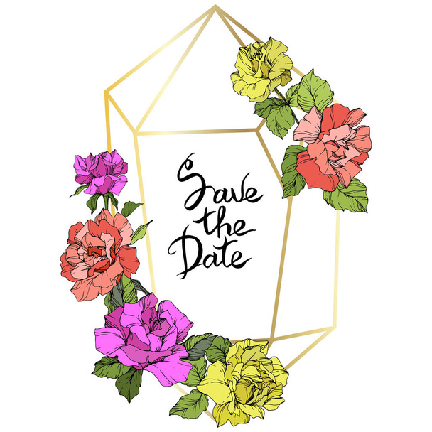 Vector Rose flowers and golden crystal frame. Coral, yellow and purple engraved ink art. Geometric crystal polyhedron shape on white background. Save the Date handwriting monogram calligraphy. - Vector, Image