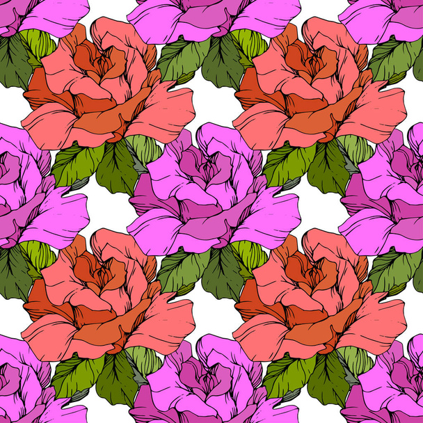 Coral and purple roses. Engraved ink art. Seamless background pattern. Fabric wallpaper print texture on black background. - Vektor, obrázek