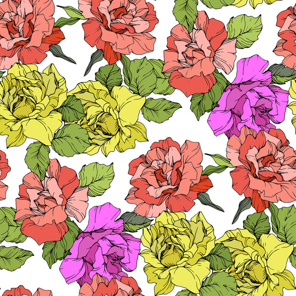 Beautiful coral, yellow and purple roses. Engraved ink art. Seamless background pattern. Fabric wallpaper print texture on white background. - Vector, Image