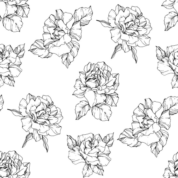 Vector Roses. Black and white engraved ink art. Seamless background pattern. Fabric wallpaper print texture on white background. - Wektor, obraz