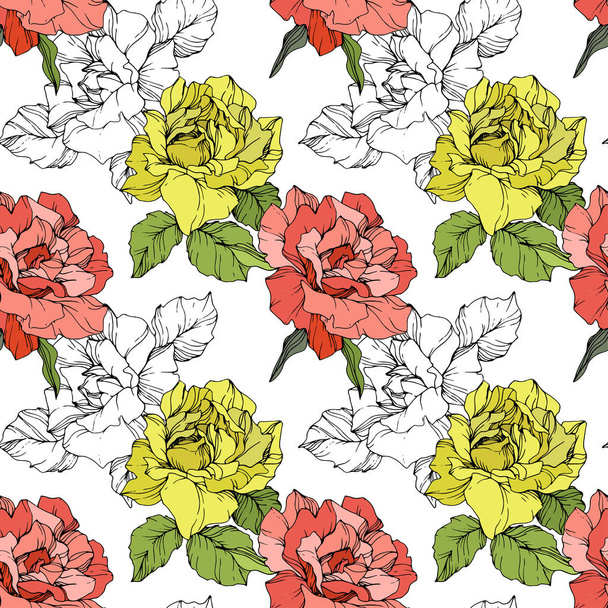 Coral and yellow roses. Engraved ink art. Seamless background pattern. Fabric wallpaper print texture on white background. - Vector, Image