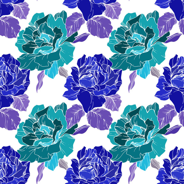 Green and blue roses. Engraved ink art. Seamless background pattern. Fabric wallpaper print texture on white background. - Vector, Image