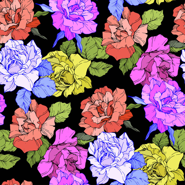Coral, yellow and purple roses. Engraved ink art. Seamless background pattern. Fabric wallpaper print texture on black background. - Vector, Image