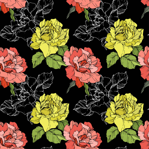 Coral and yellow roses. Engraved ink art. Seamless background pattern. Fabric wallpaper print texture on black background. - Vektor, Bild