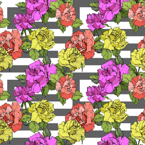 Beautiful coral, yellow and purple roses. Engraved ink art. Seamless background pattern. Fabric wallpaper print texture on white background. - ベクター画像