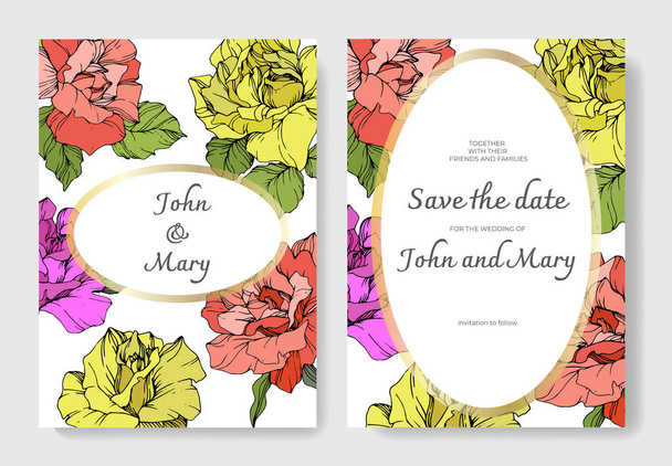 Vector. Coral, yellow and purple rose flowers on cards. Wedding cards with floral decorative borders. Thank you, rsvp, invitation elegant cards illustration graphic set. Engraved ink art. - Vector, Image