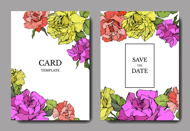 Vector. Coral, yellow and purple rose flowers on cards. Wedding cards with floral decorative borders. Thank you, rsvp, invitation elegant cards illustration graphic set. Engraved ink art. - Vecteur, image