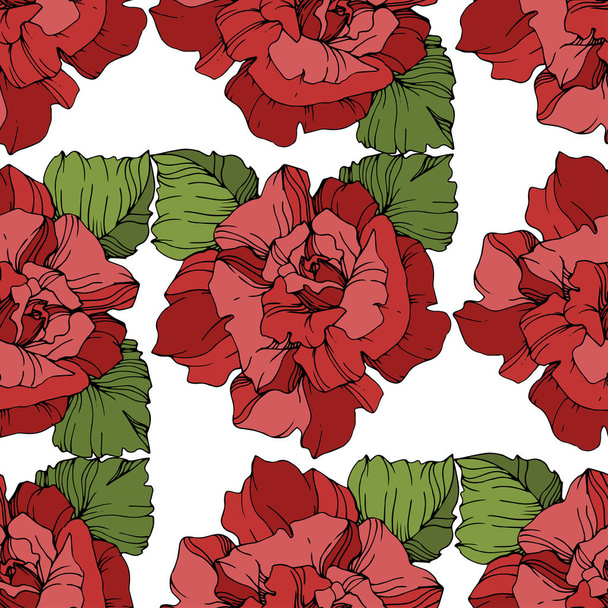 Red roses. Engraved ink art. Seamless background pattern. Fabric wallpaper print texture on white background. - Vettoriali, immagini