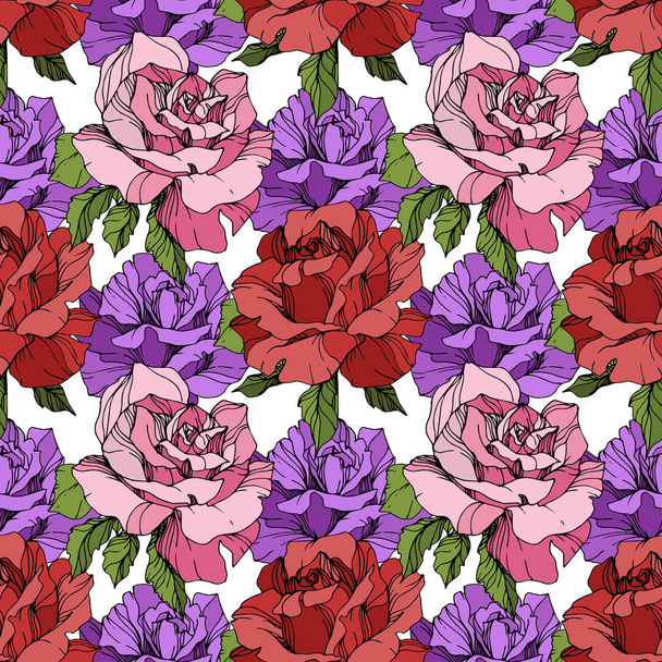 Pink, red and purple roses. Engraved ink art. Seamless background pattern. Fabric wallpaper print texture on white background. - Vector, Image